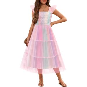Arshiner Tween Girls Dress Ruffle Sleeve Elastic Straps Smocked A-Line Tulle Summer Long Patry Birthday Sundress(Rainbow)