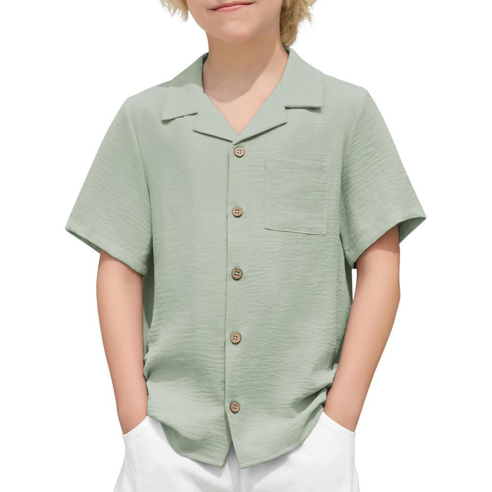 image:imageArshiner Boys Short Sleeve Button Down Shirt Texture Summer Beach Vacation Shirt 412 YearsLight Green