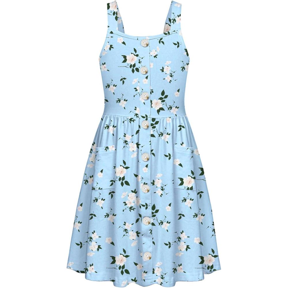 image:imageArshiner Girls Spaghetti Strap Button Down Midi Sleeveless Summer Casual Sundress Aline Dress with PocketsBlue Green Floral