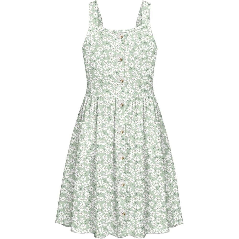 image:imageArshiner Girls Spaghetti Strap Button Down Midi Sleeveless Summer Casual Sundress Aline Dress with PocketsGreen White Floral