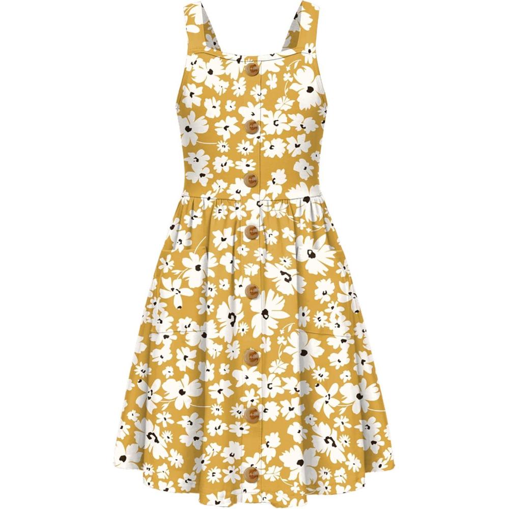 image:imageArshiner Girls Spaghetti Strap Button Down Midi Sleeveless Summer Casual Sundress Aline Dress with PocketsLittle Yellow Floral