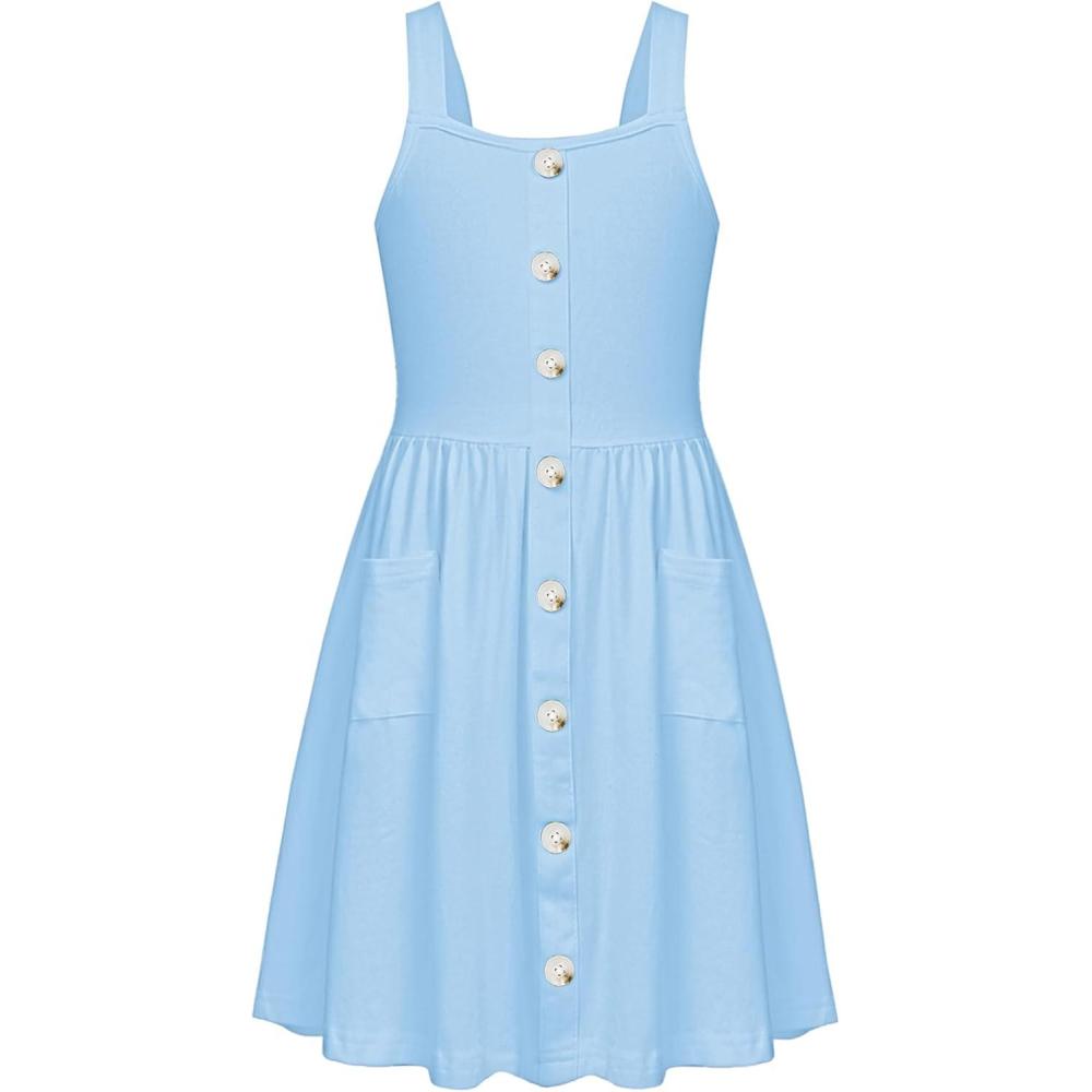 image:imageArshiner Girls Spaghetti Strap Button Down Midi Sleeveless Summer Casual Sundress Aline Dress with PocketsSolid Light Blue