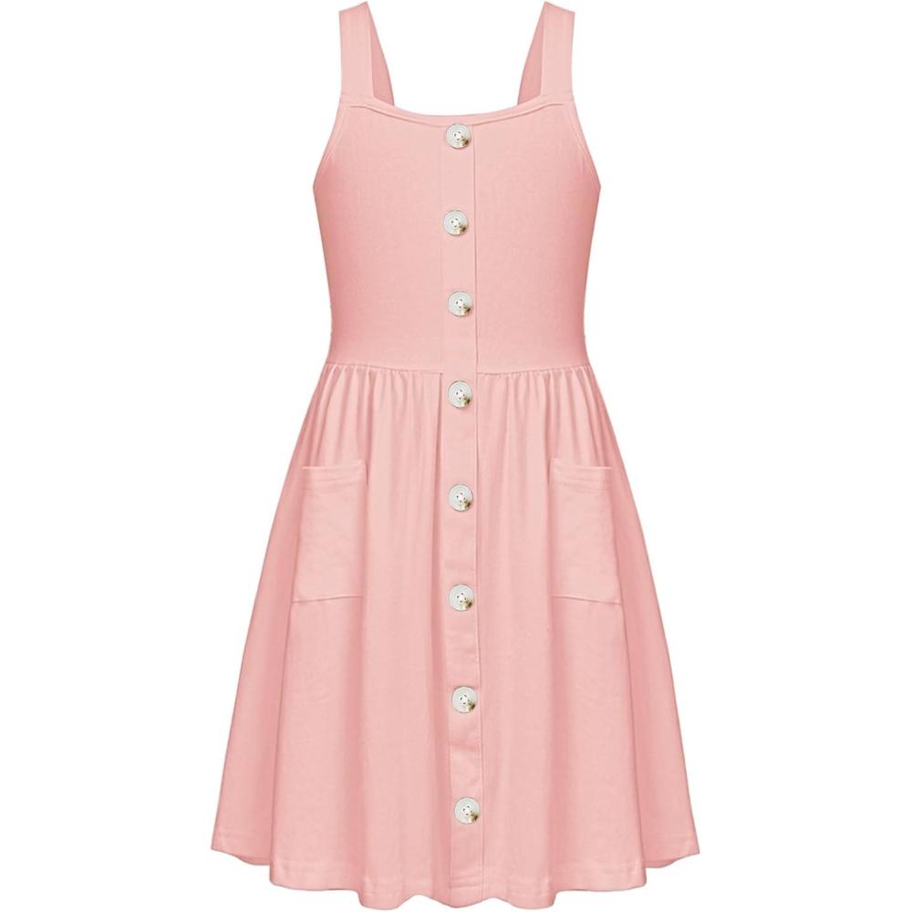 image:imageArshiner Girls Spaghetti Strap Button Down Midi Sleeveless Summer Casual Sundress Aline Dress with PocketsSolid Light Pink