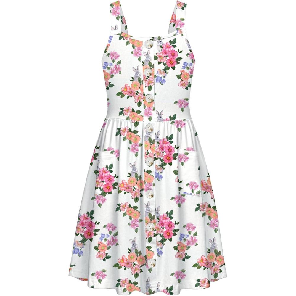 image:imageArshiner Girls Spaghetti Strap Button Down Midi Sleeveless Summer Casual Sundress Aline Dress with PocketsWhite Floral Rabbit