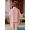 Arshiner Boys 2 Pieces Summer Beach Outfits Short Sleeve Button Down Shirts and Shorts Vacation Texture Sets for Kids(Pale Pink)