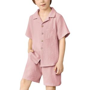 Arshiner Boys 2 Pieces Summer Beach Outfits Short Sleeve Button Down Shirts and Shorts Vacation Texture Sets for Kids(Pale Pink)