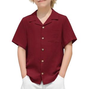 Arshiner Boys Short Sleeve Button Down Shirt Texture Summer Beach Vacation Shirt 4-12 Years(Wine Red)