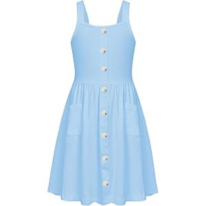 Arshiner Girl’s Spaghetti Strap Button Down Midi Sleeveless Summer Casual Sundress A-line Dress with Pockets(Solid Light Blue)