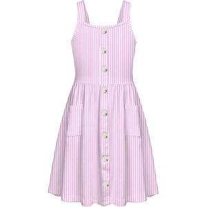 Arshiner Girl’s Spaghetti Strap Button Down Midi Sleeveless Summer Casual Sundress A-line Dress with Pockets(White&pink Strip)