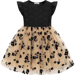 Arshiner Toddler Lace Tutu Dresses Ruffle Sleeve 3 Layers Tulle Flower Wedding Birthday Summer Little Girls Dress(Black Floral)