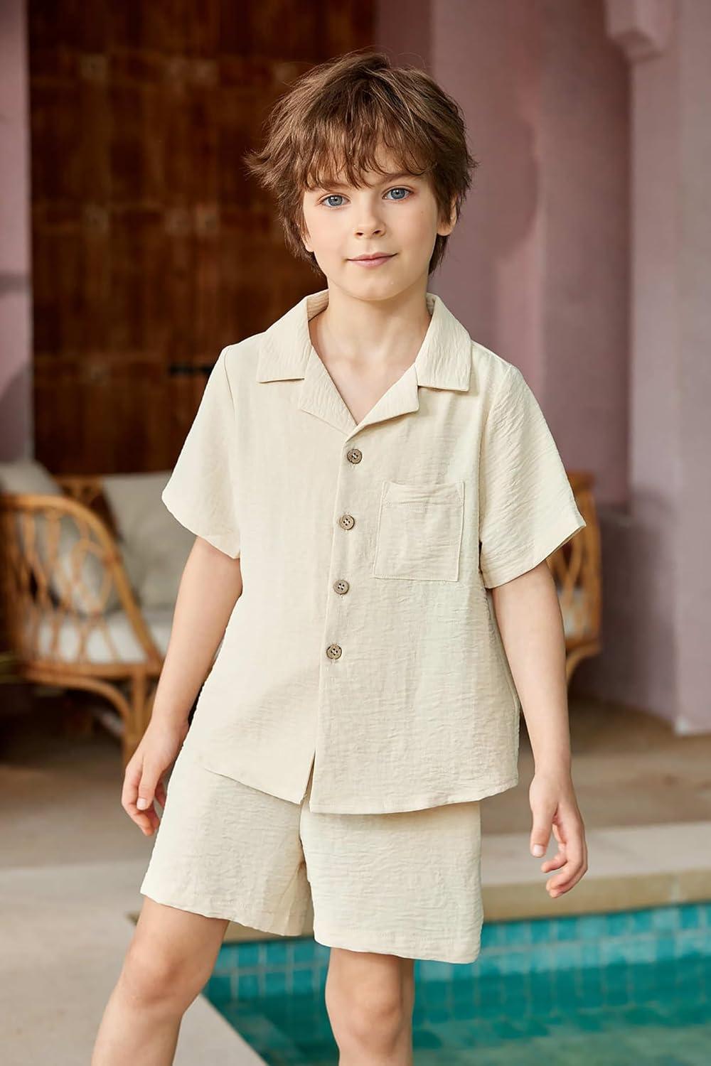image:imageArshiner Boys 2 Pieces Summer Beach Outfits Short Sleeve Button Down Shirts and Shorts Vacation Texture Sets for KidsLight Beige