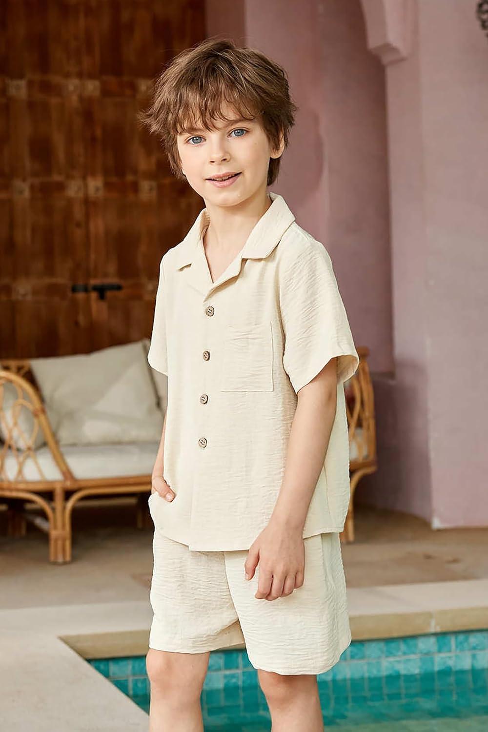 image:imageArshiner Boys 2 Pieces Summer Beach Outfits Short Sleeve Button Down Shirts and Shorts Vacation Texture Sets for KidsLight Beige