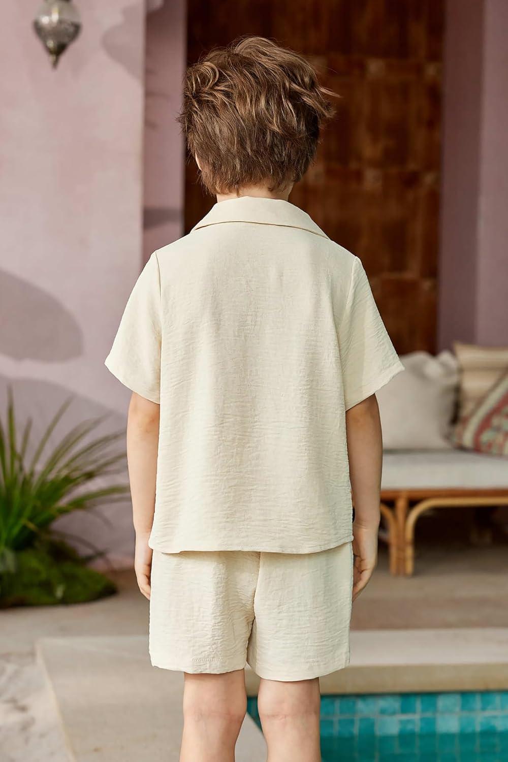image:imageArshiner Boys 2 Pieces Summer Beach Outfits Short Sleeve Button Down Shirts and Shorts Vacation Texture Sets for KidsLight Beige