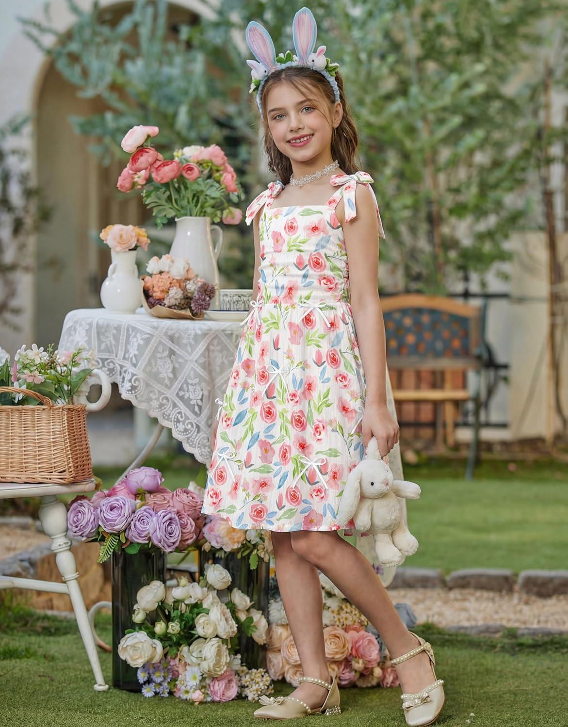 image:imageArshiner Girls Dresses Ruched Smocked Back Spaghetti Strap Bow Summer Boho Beach Party SundressPink Floral