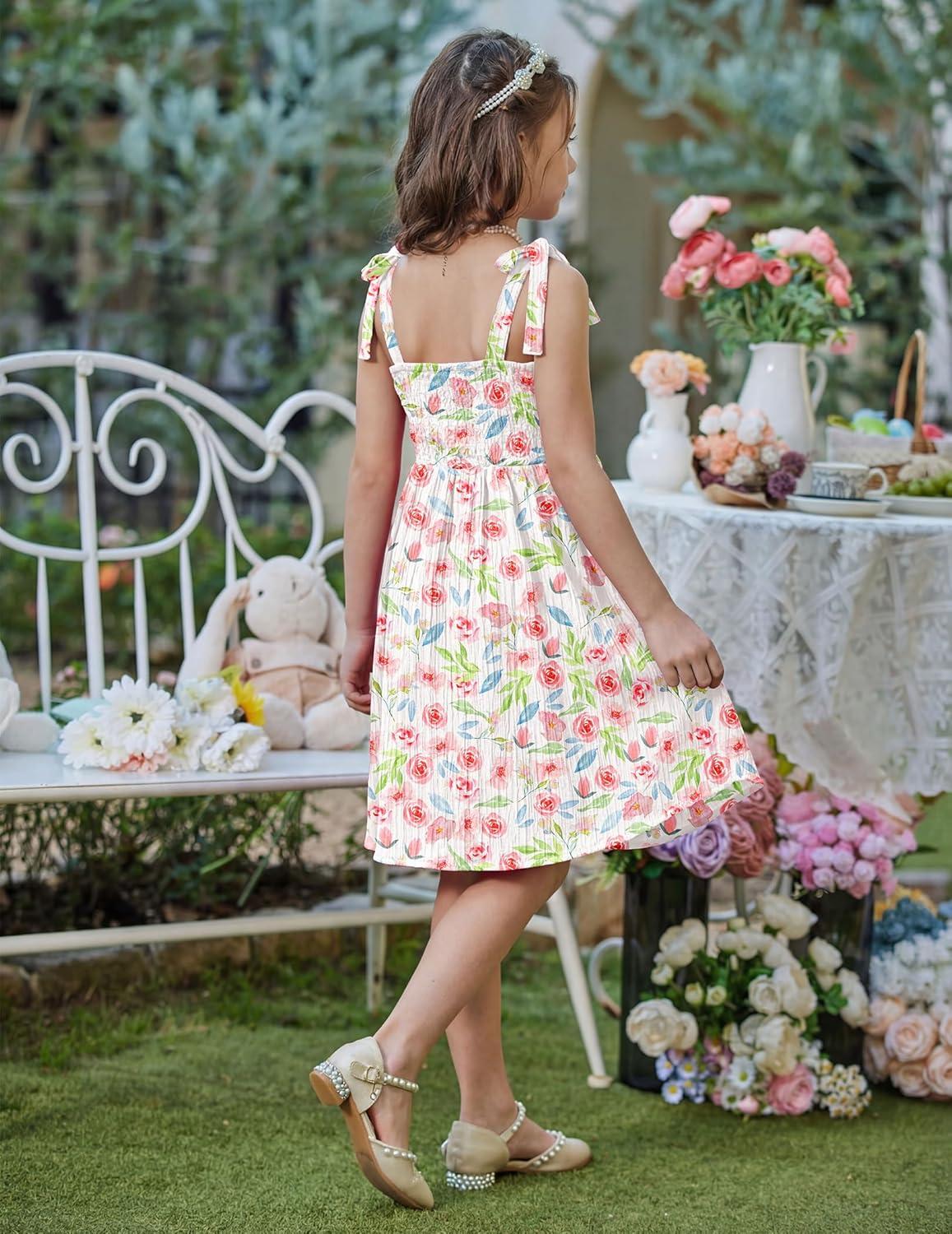 image:imageArshiner Girls Dresses Ruched Smocked Back Spaghetti Strap Bow Summer Boho Beach Party SundressPink Floral