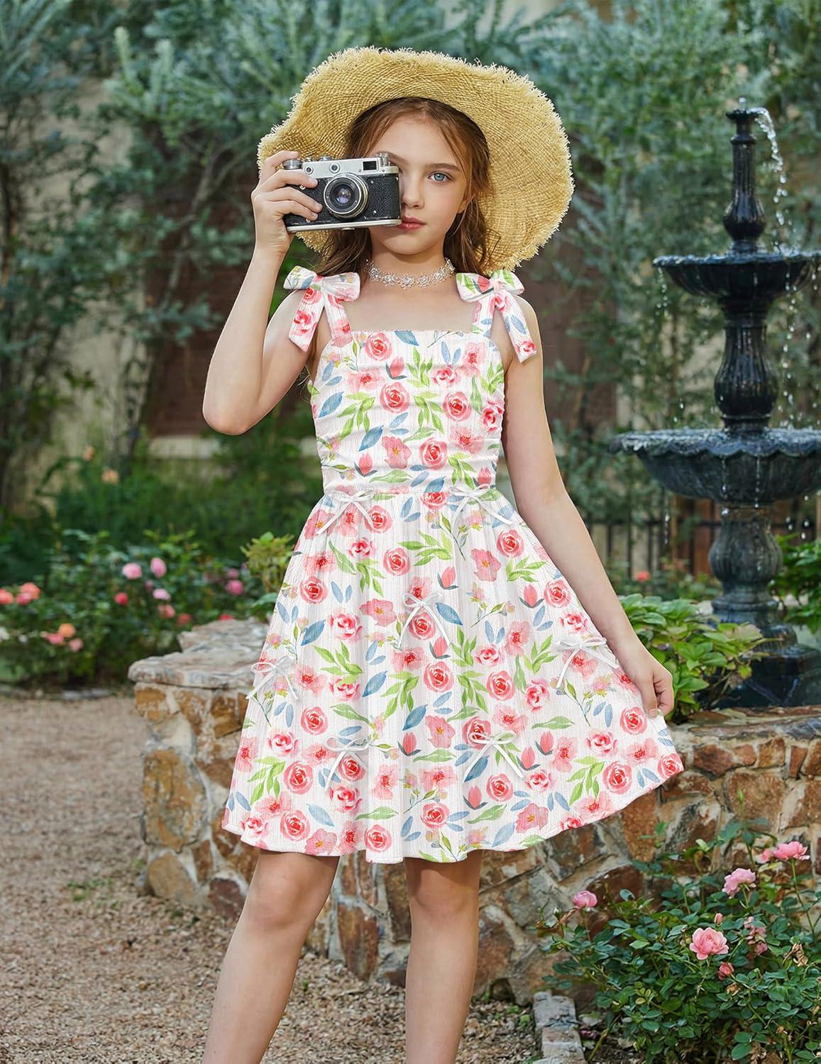 image:imageArshiner Girls Dresses Ruched Smocked Back Spaghetti Strap Bow Summer Boho Beach Party SundressPink Floral