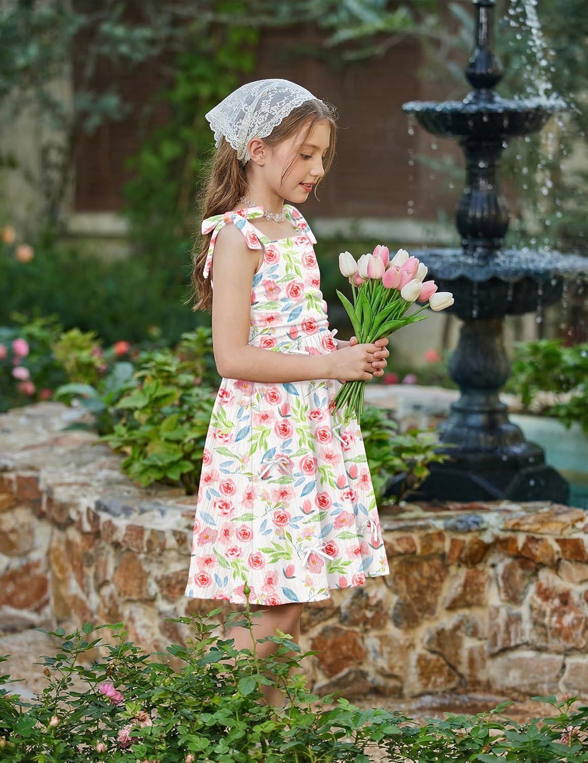 image:imageArshiner Girls Dresses Ruched Smocked Back Spaghetti Strap Bow Summer Boho Beach Party SundressPink Floral