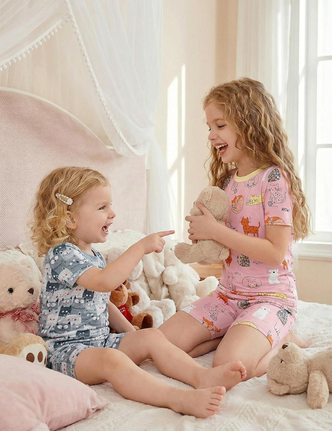 image:imageArshiner Pajamas for Girls Summer Short Sleeve Sleepwear Kids Soft Cute Snug Fit Pjs SetsPink Cat