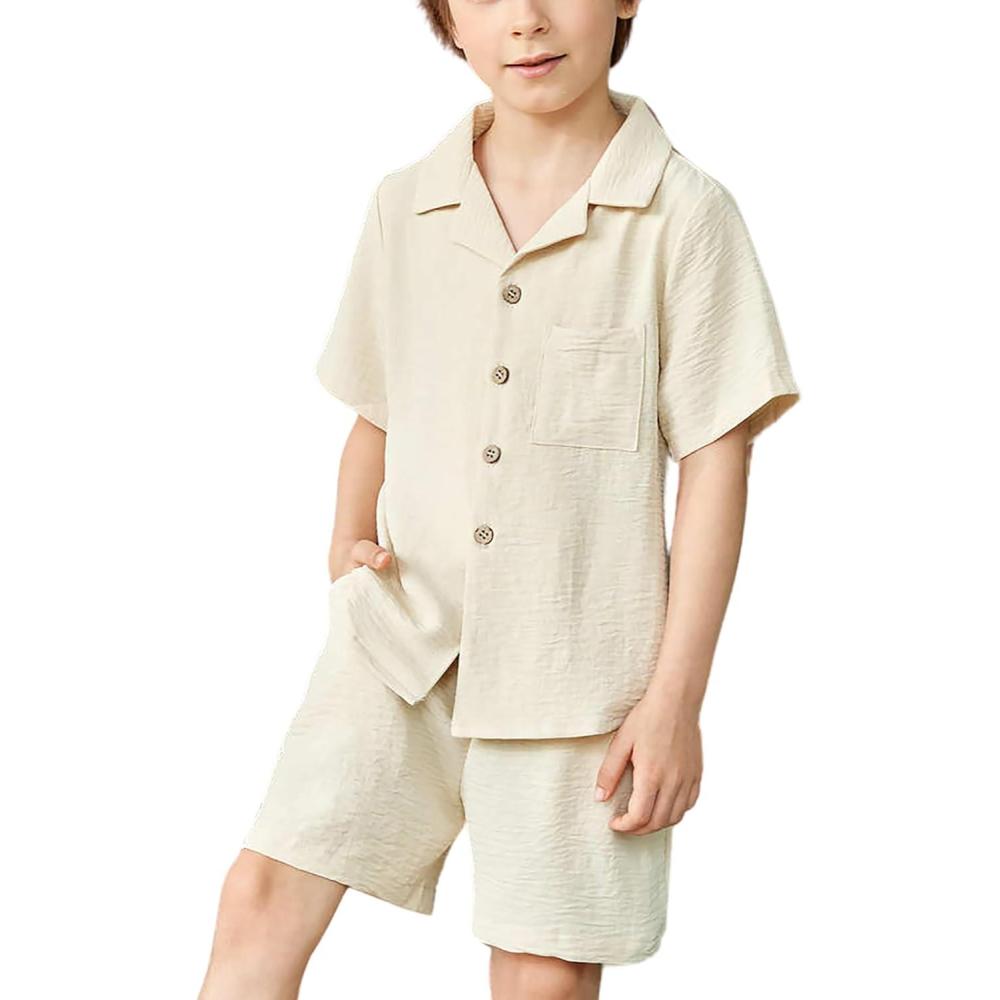 image:imageArshiner Boys 2 Pieces Summer Beach Outfits Short Sleeve Button Down Shirts and Shorts Vacation Texture Sets for KidsLight Beige
