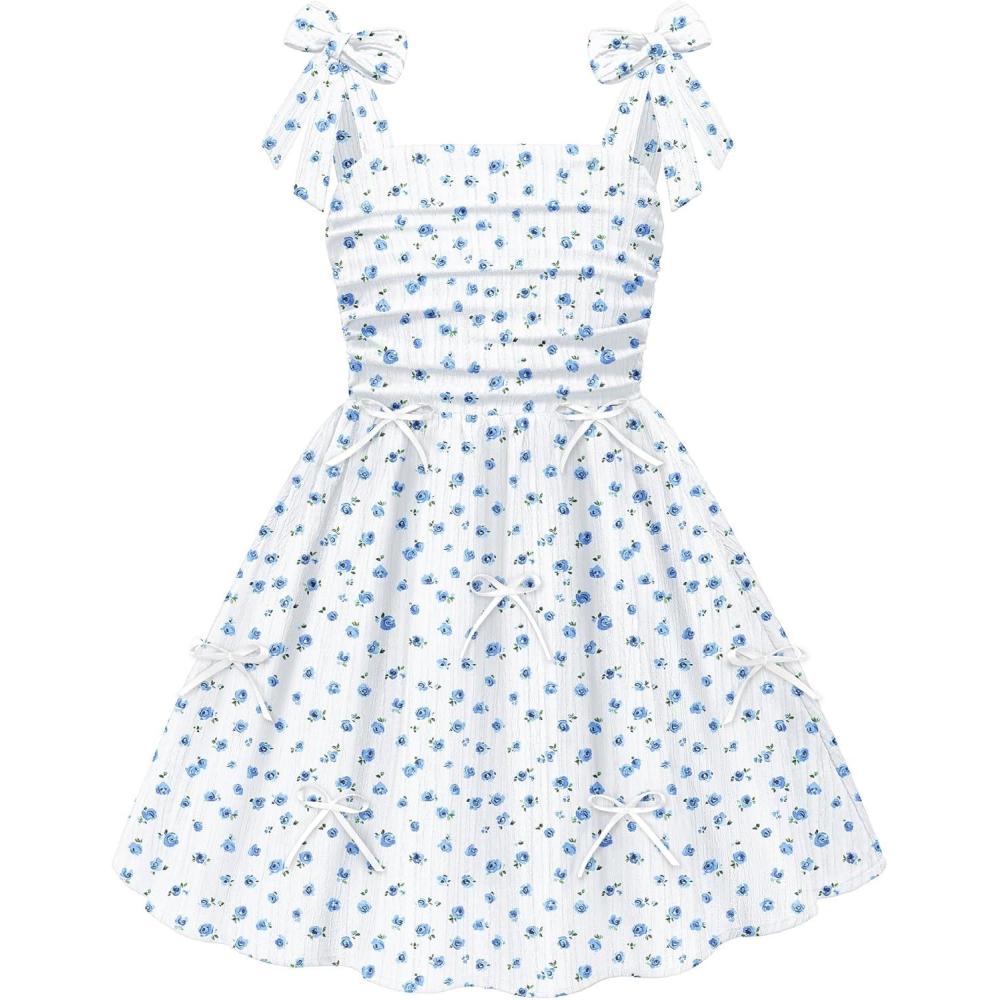 image:imageArshiner Girls Dresses Ruched Smocked Back Spaghetti Strap Bow Summer Boho Beach Party SundressBlue Floral