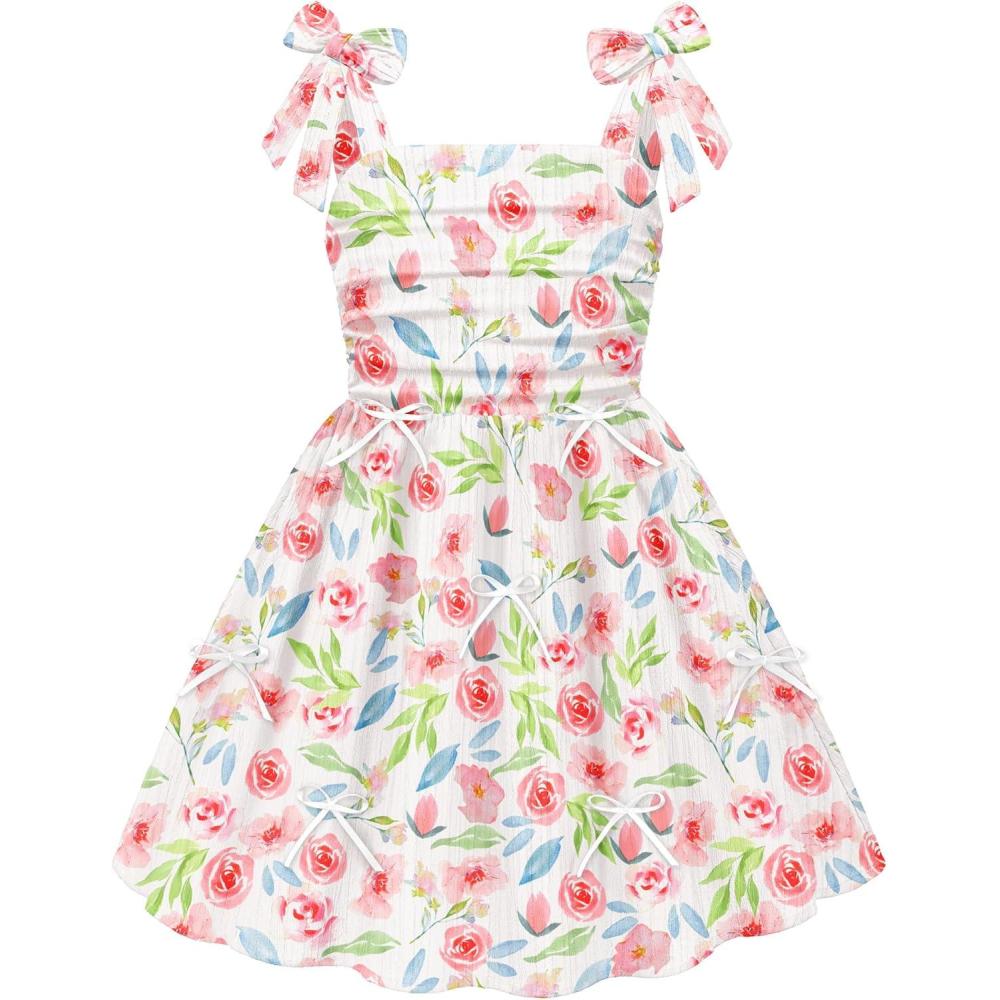 image:imageArshiner Girls Dresses Ruched Smocked Back Spaghetti Strap Bow Summer Boho Beach Party SundressPink Floral