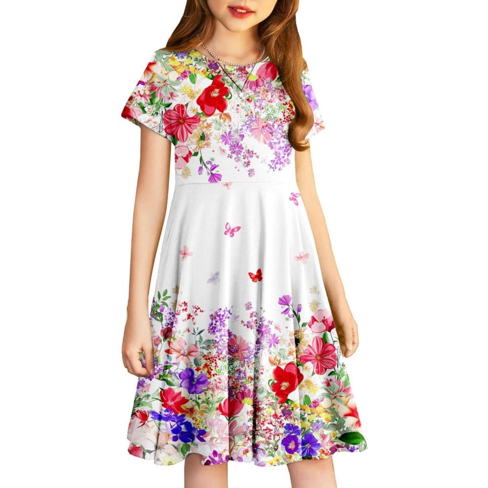 image:imageArshiner Girls Summer Dresses Short Sleeve Casual Holiday Skater Twirl Dress with PocketsFloral White