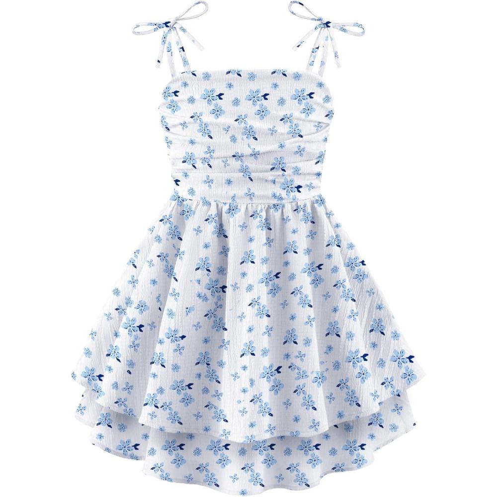image:imageArshiner Girls Summer Spaghetti Strap Dresses Flowy Tiered Ruched Smocked Back Casual Beach Midi SundressLight Blue Floral