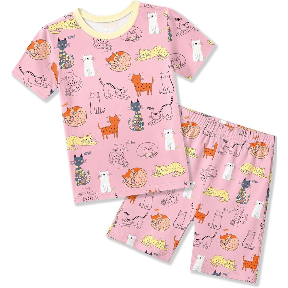 image:imageArshiner Pajamas for Girls Summer Short Sleeve Sleepwear Kids Soft Cute Snug Fit Pjs SetsPink Cat