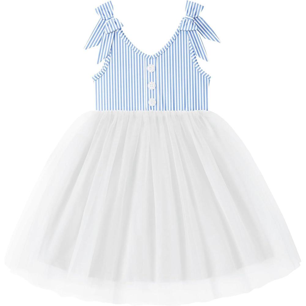 image:imageArshiner Toddler Girls Tutu Dress Bow Shoulder Tulle Sleeveless Dresses Summer Party Sundress for 28YBlue White Striped