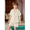 Arshiner Boys 2 Pieces Summer Beach Outfits Short Sleeve Button Down Shirts and Shorts Vacation Texture Sets for Kids(Light Beige)