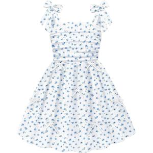 Arshiner Girls Dresses Ruched Smocked Back Spaghetti Strap Bow Summer Boho Beach Party Sundress(Blue Floral)