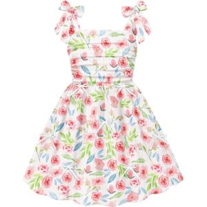 Arshiner Girls Dresses Ruched Smocked Back Spaghetti Strap Bow Summer Boho Beach Party Sundress(Pink Floral)