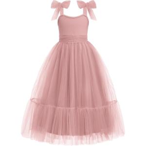Arshiner Girls Dresses Summer Sleeveless Bow-Tie Straps Birthday Party Long Tulle Dress(Pink)