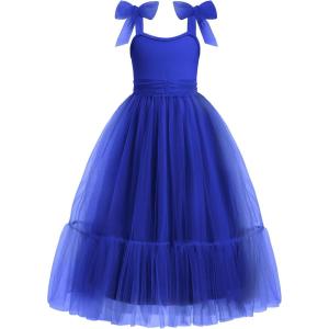 Arshiner Girls Dresses Summer Sleeveless Bow-Tie Straps Birthday Party Long Tulle Dress(Royal Blue)