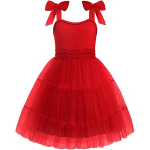 Arshiner Girls Dresses Summer Sleeveless Bow-Tie Straps Formal Fancy Party Birthday Tulle Dress(Dark Red)
