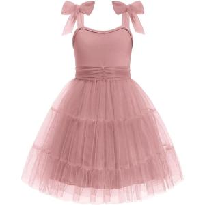 Arshiner Girls Dresses Summer Sleeveless Bow-Tie Straps Formal Fancy Party Birthday Tulle Dress(Dusty Pink)
