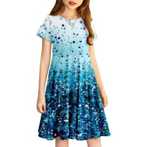 Arshiner Girl’s Summer Dresses Short Sleeve Casual Holiday Skater Twirl Dress with Pockets(Star Blue)