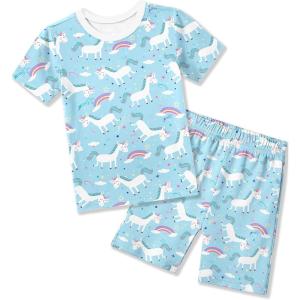 Arshiner Pajamas for Girls Summer Short Sleeve Sleepwear Kids Soft Cute Snug Fit Pjs Sets(Blue Animals)