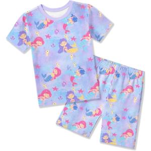 Arshiner Pajamas for Girls Summer Short Sleeve Sleepwear Kids Soft Cute Snug Fit Pjs Sets(Blue Purple Ocean)