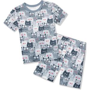 Arshiner Pajamas for Girls Summer Short Sleeve Sleepwear Kids Soft Cute Snug Fit Pjs Sets(Gray Cat)