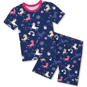 Arshiner Pajamas for Girls Summer Short Sleeve Sleepwear Kids Soft Cute Snug Fit Pjs Sets(Purple Animals)