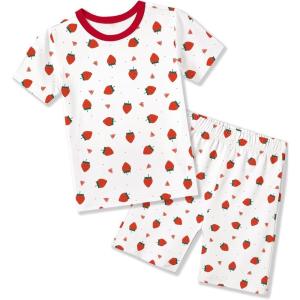 Arshiner Pajamas for Girls Summer Short Sleeve Sleepwear Kids Soft Cute Snug Fit Pjs Sets(White Strawberries)
