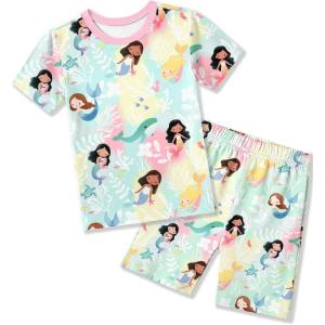 Arshiner Pajamas for Girls Summer Short Sleeve Sleepwear Kids Soft Cute Snug Fit Pjs Sets(Yellow Green Ocean)