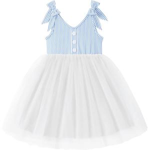 Arshiner Toddler Girls Tutu Dress Bow Shoulder Tulle Sleeveless Dresses Summer Party Sundress for 2-8Y(Blue White Striped)