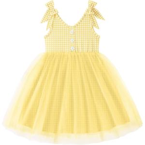 Arshiner Toddler Girls Tutu Dress Bow Shoulder Tulle Sleeveless Dresses Summer Party Sundress for 2-8Y(Yellow Gingham)