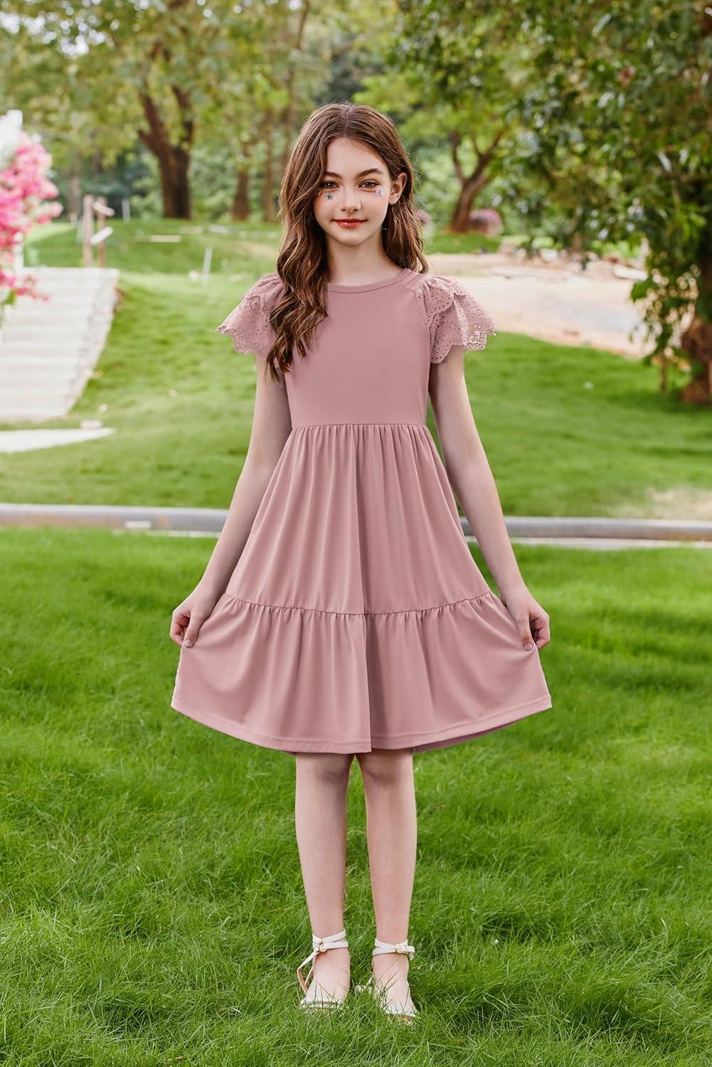 image:imageArshiner Girls Summer Dresses Casual Flutter Sleeve ALine Midi Dress with Pockets for 614 YearsDusty Pink