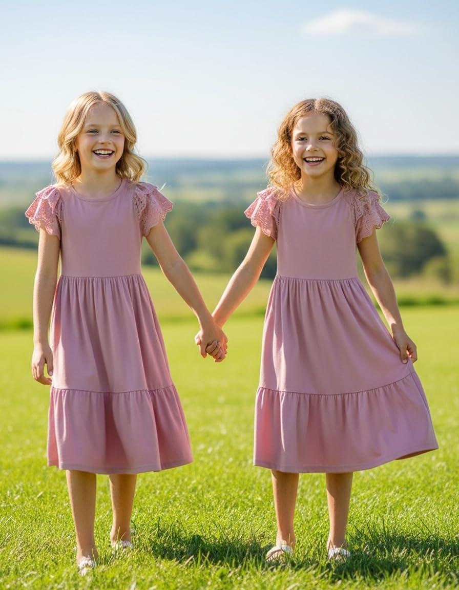 image:imageArshiner Girls Summer Dresses Casual Flutter Sleeve ALine Midi Dress with Pockets for 614 YearsDusty Pink