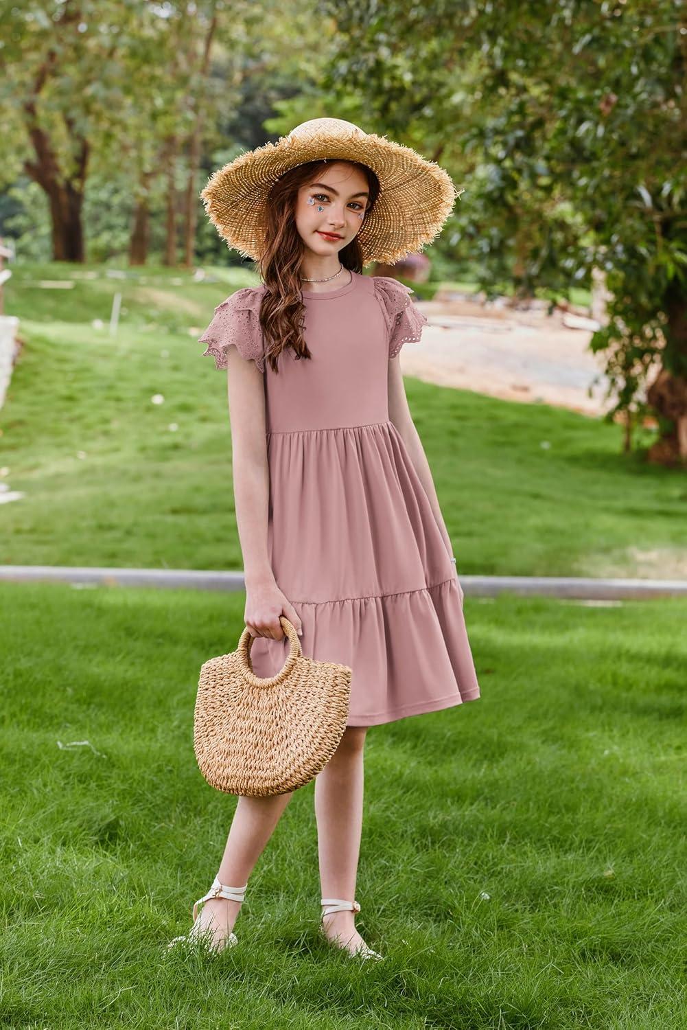 image:imageArshiner Girls Summer Dresses Casual Flutter Sleeve ALine Midi Dress with Pockets for 614 YearsDusty Pink
