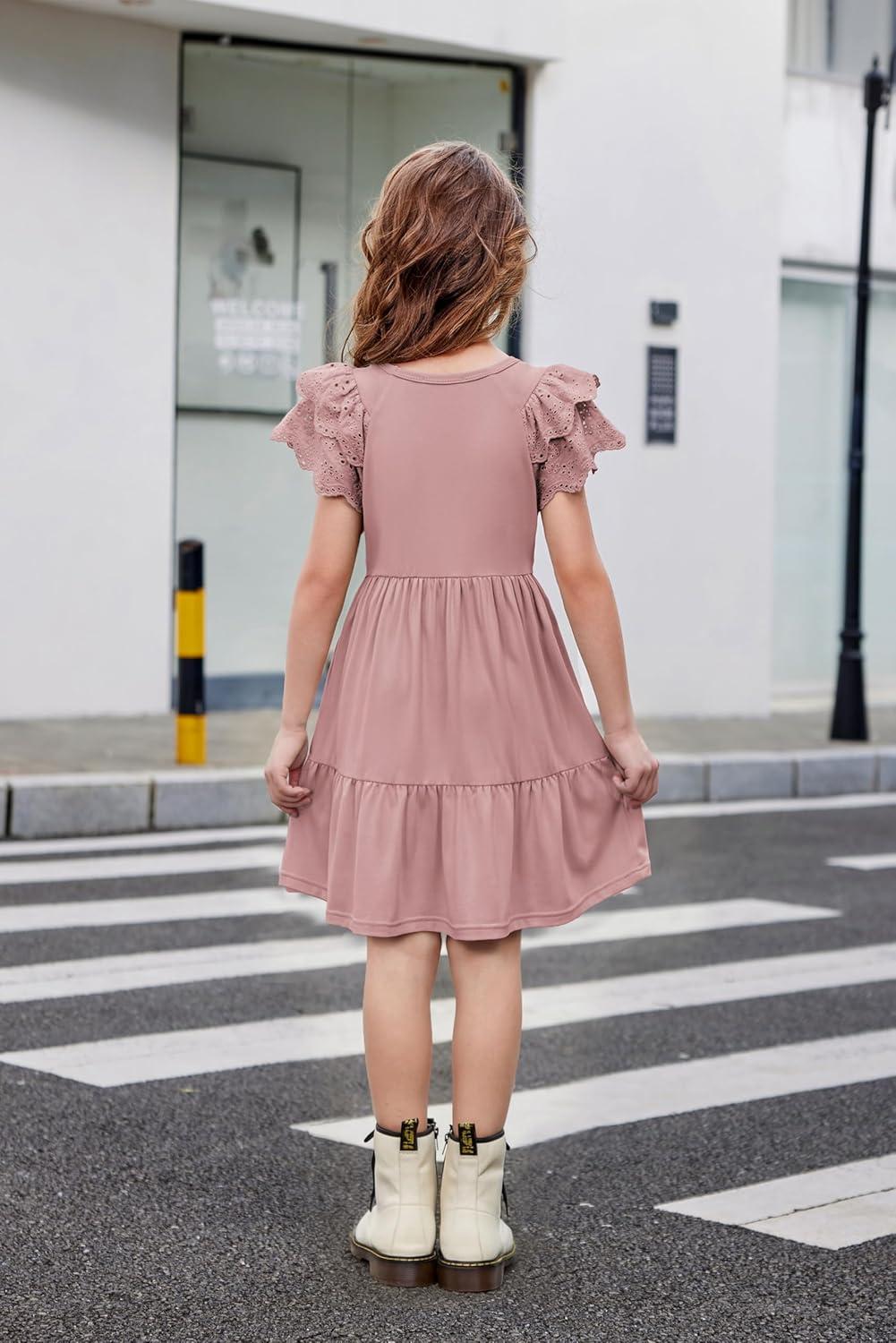 image:imageArshiner Girls Summer Dresses Casual Flutter Sleeve ALine Midi Dress with Pockets for 614 YearsDusty Pink
