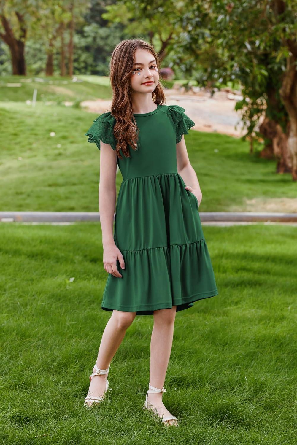 image:imageArshiner Girls Summer Dresses Casual Flutter Sleeve ALine Midi Dress with Pockets for 614 YearsGreen
